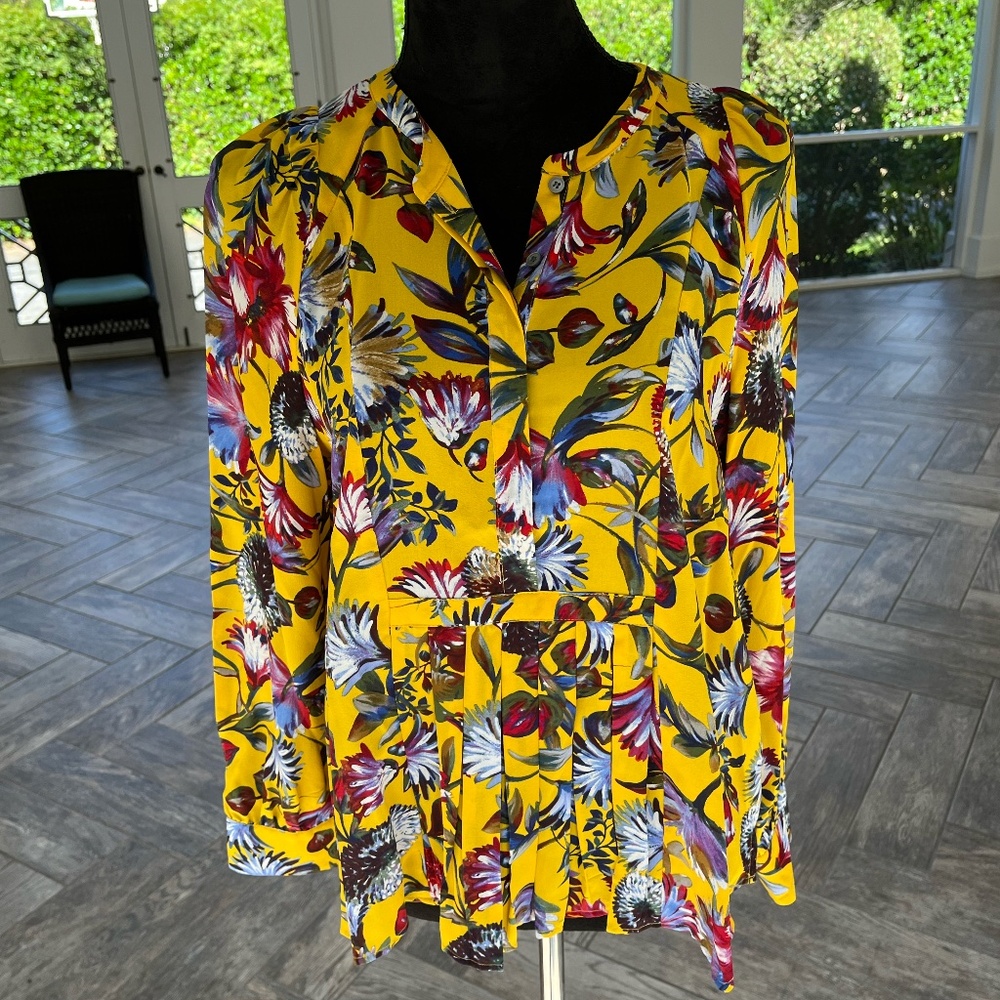 J. Crew Yellow Floral Silk Top with Pleats, Size S